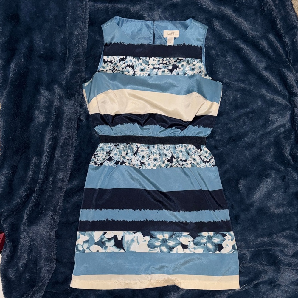 LOFT Petite Navy and Cream Floral Striped Dress